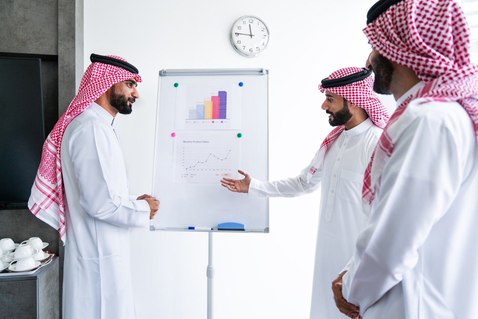 Arab businessmen wearing saudi kandura meeting in office for business deal